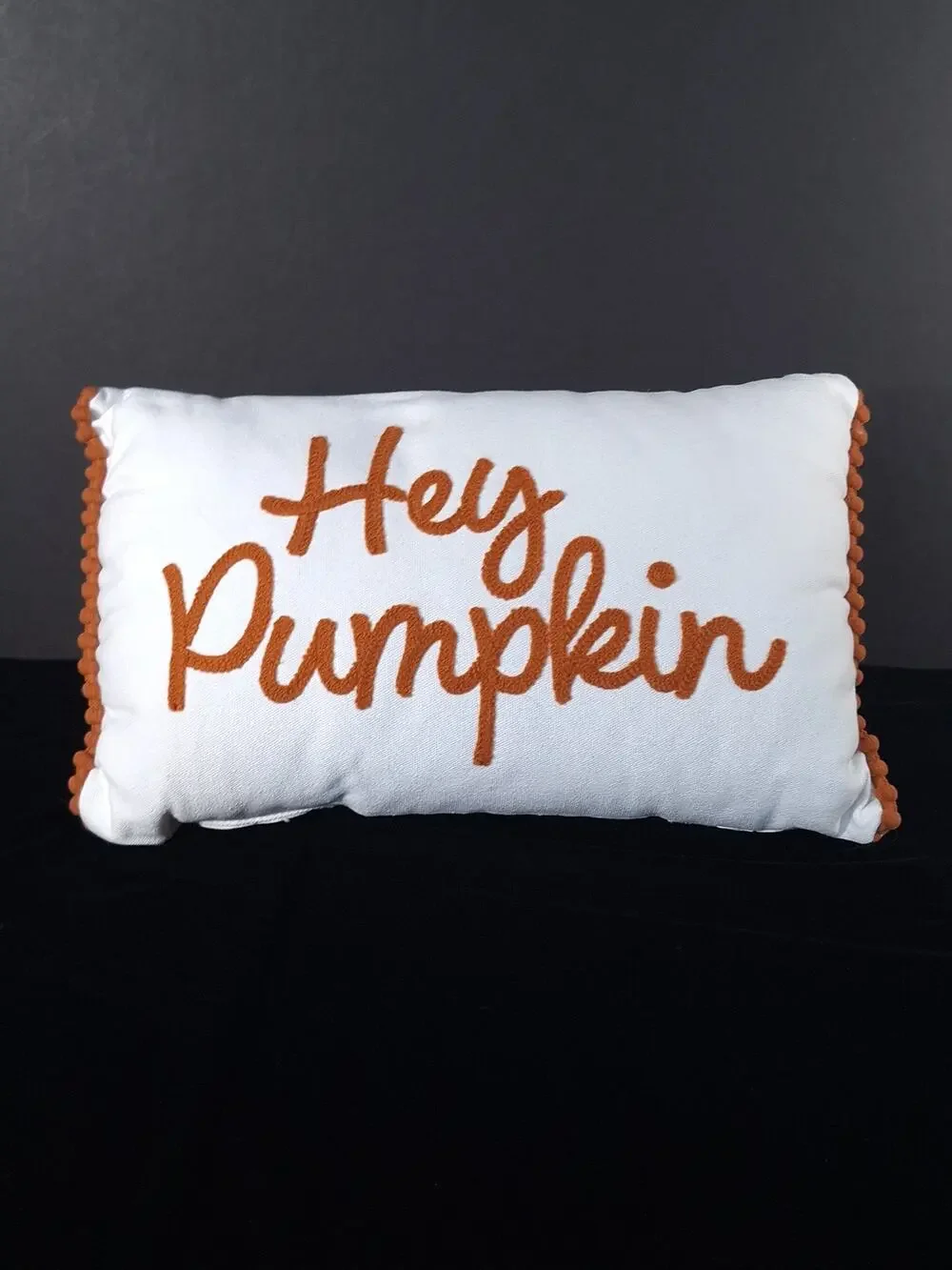 Target Bullseye Hey Pumpkin Fall Throw Pillow 15x10 Orange White Pom Trim Decor